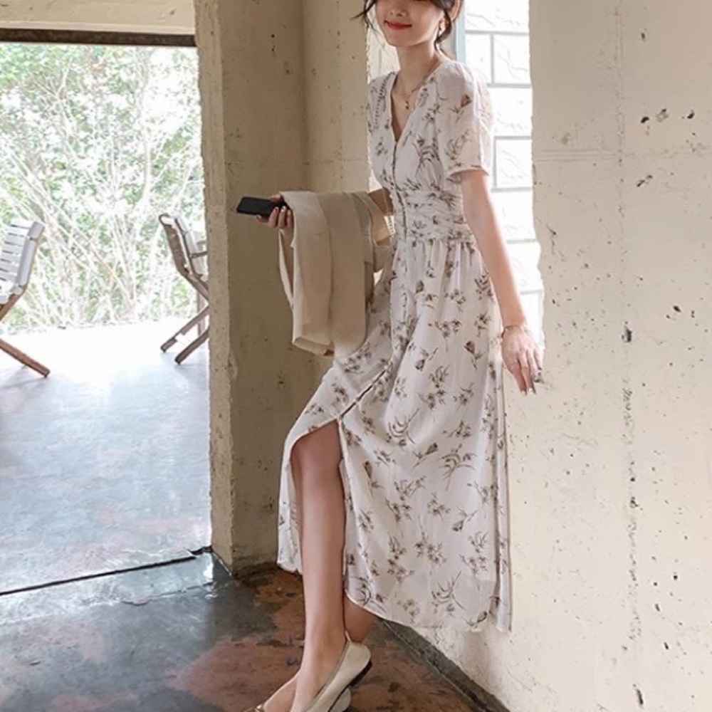 Floral dress chic creamy white flower button dresses short sleeve summer v-neck